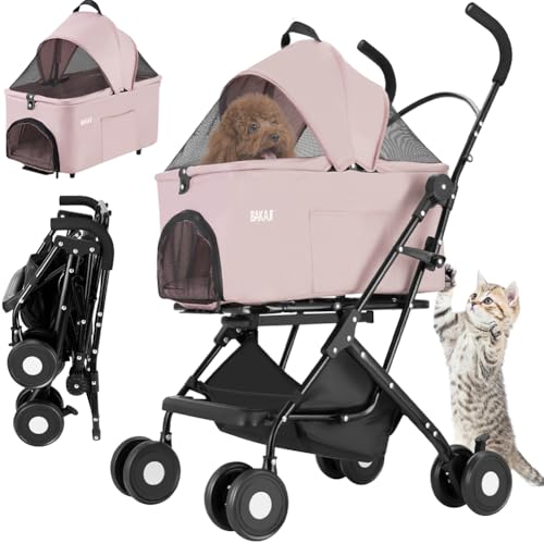 BAKAJI Passeggino per Animali Domestici 2 in 1 Carico Massimo 40kg Pieghevole e Salvaspazio, Capsula Rimovibile, Carrozzina per Cani e Gatti con Trasportino Removibile e Cestello Portaoggetti (Rosa)