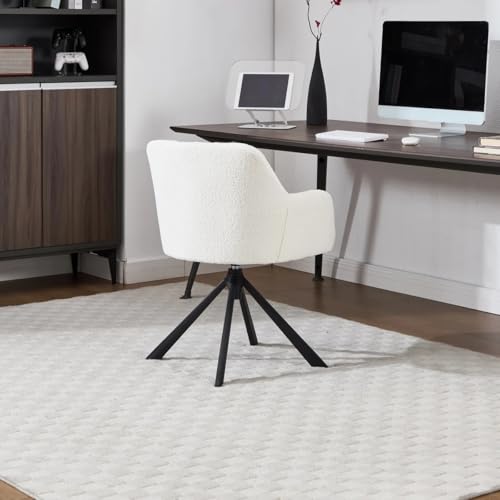 Image of Finch Fox Battle Modern 360 Swivel Mid-Back Arm Boucle Fabric Study Upholstered Comfortable Metal Base Computer Office Desk Chair in White Color