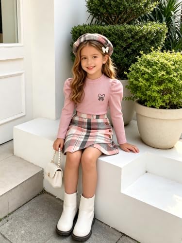 AMAWMW Girls Clothes Skirt Set Ribbed Puff Sleeve Top Plaid Skirt Shorts Beret Set 3Pcs Fall Winter Outfit, Pink, 7-8 Years — view 2