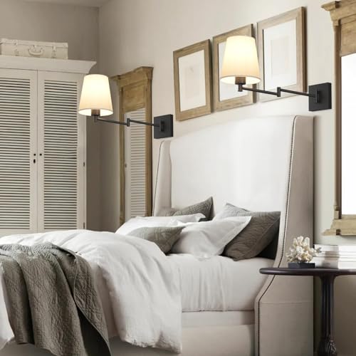 Image of Aipsun Black Wall Sconce Set of 2, Swing Arm Wall Lamps, Modern Bedroom Wall Sconce Fixtures with Fabric Lampshade for Reading Hallway Living Room(Exclude Bulb)