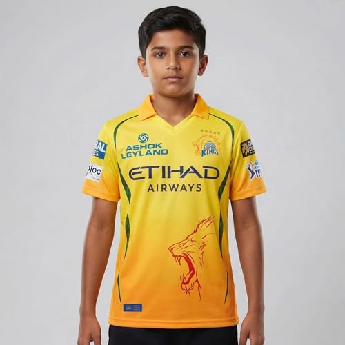 Image of playR x Chennai Super Kings Original Fan Jersey IPL 2026 - Kid's Dhoni 7 Half Sleeve CSK Cricket T-Shirt, Regular Fit Sportswear Tee for Training, Outdoor & Match Day Activewear for All Season
