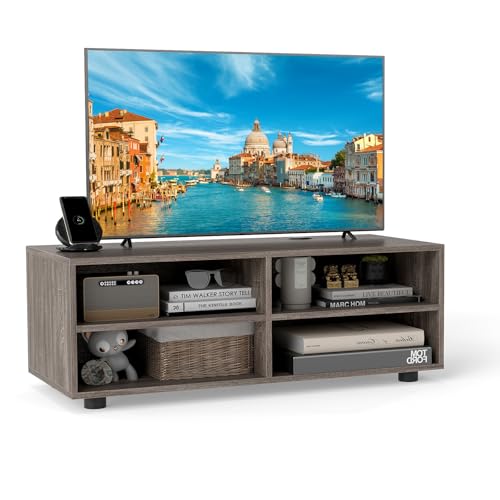 COSTWAY TV Stand Cabinet for TVs up to 40"/55", Wooden Media Entertainment Center with Storage Cubes and Adjustable Shelves, TV Unit Console Table for Living Room Bedroom (Grey Oak, 4 Cubes)