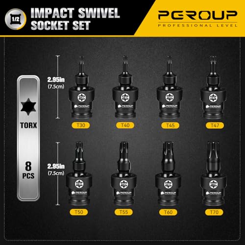 Drive Universal Swivel Impact Torx Socket Set, T30-T70, CR-MO Wobble Star Sockets With Hanging Bracket for Dead Angles - image 2
