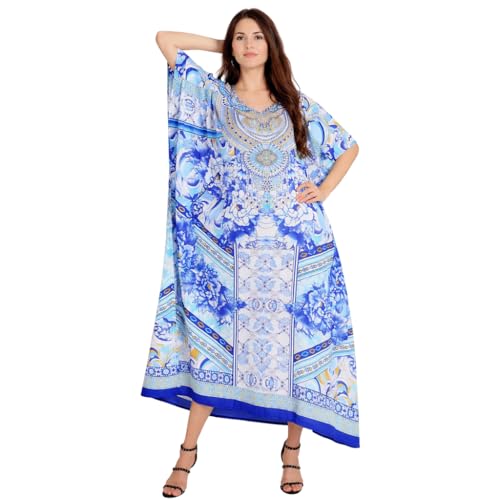 Image of Miss Lavish London Kaftan Dresses for Women Plus Size Long Batwing Sleeve Caftans, V Neck Moo Moo Printed Beach Cover Up Maxi Beach Dress, Bathing Suit Cover-Up Loungewear