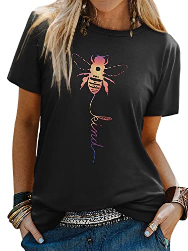 Image of Dresswel Women Bee Kind T-Shirt Ladies Bee Graphic Shirt Crew Neck Short Sleeve Summer Tee Tops