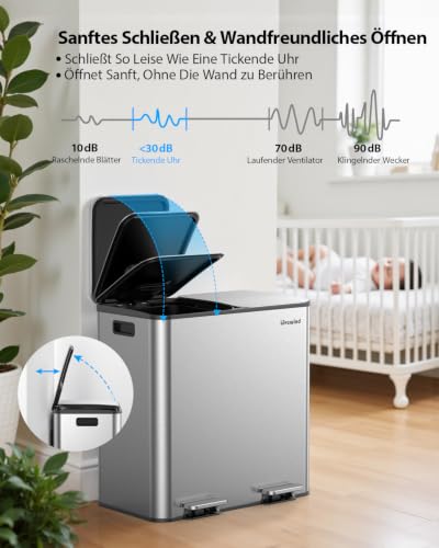 lovewind Mülleimer Küche 80L, 2 x 40L Mülltrennsystem mit 2 Fächern, Edelstahl Tretmülleimer mit Soft-Close Deckel… – Ansicht 6