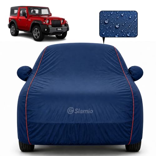 Image of Premium 100% Waterproof Car Cover for Mahindra Thar 2010-2019 Models | All-Weather, UV & Dust Protection | Heavy-Duty 3-Layer Fabric | Custom Fit with Mirror & Antenna Pockets | Navy Blue