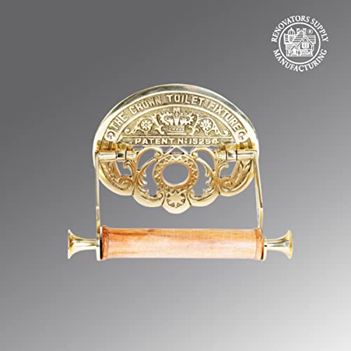 Renovators Supply Manufacturing Bright Brass Wall Mount Toilet Paper Holder 7.25" Wide Vintage Crown Style Solid Brass Easy Install Toilet Tissue Paper Holders With Wooden Roll For Bathroom #TOP2