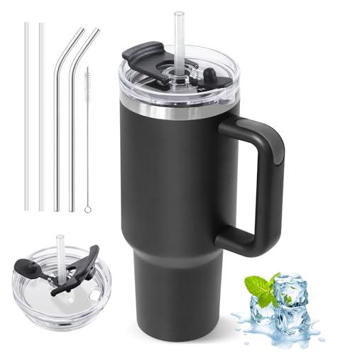 ZAKVOP Taza Termo cafe para Llevar, Taza Termica 1200ml con Tapa y Pajitas, Vaso Termico con Asa, Tumbler para Frío y Caliente, Travel Mug con Tapa Multifunción (Negro)