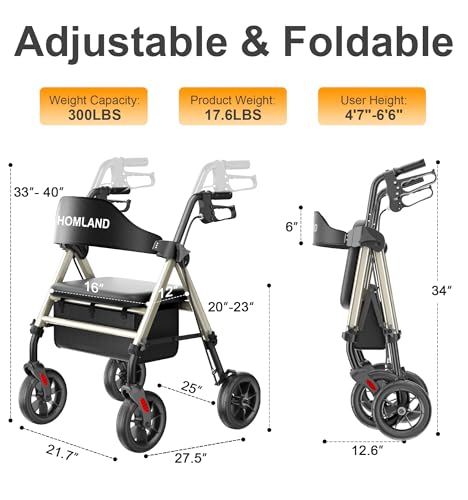 Image of HOMLAND Foldable Rollator Walkers for Seniors with Seat, 17 lb Lightweight