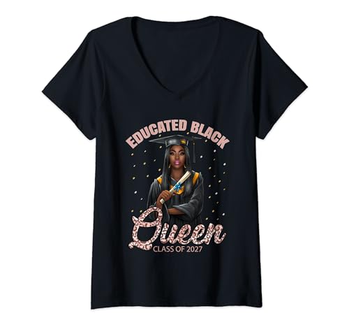 Mujer Black Girl Graduación Leopardo Rosa HBCU Seniors Class 2027 Camiseta Cuello V