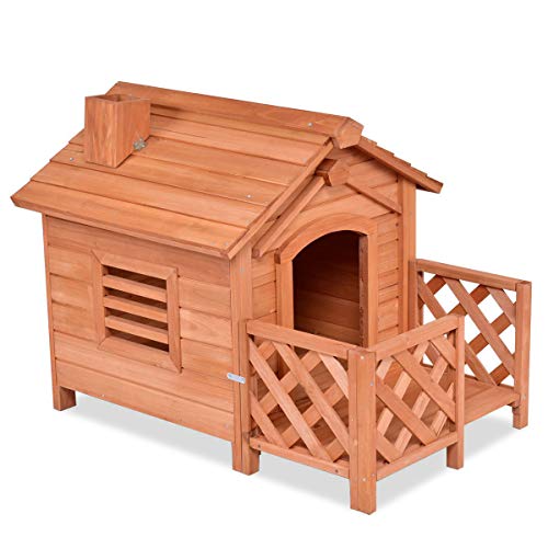 Tangkula Pet Dog House, Wooden Dog Room with Porch & Fence, Raised Vent and Balcony for Outdoor & Indoor Use, Pet House Shelter for Puppies and Dogs, Wood Dog House Dog...