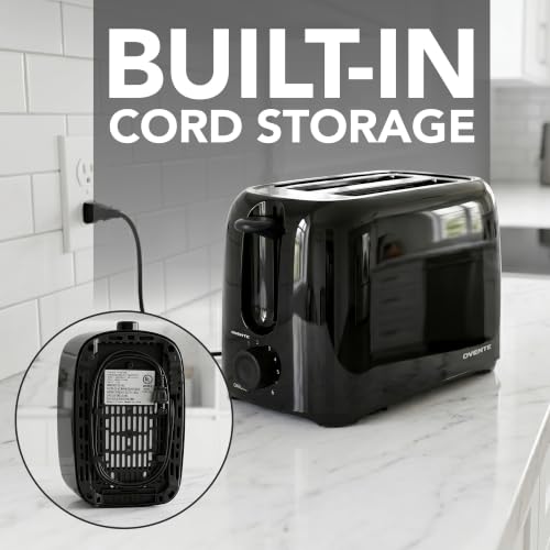Image of OVENTE Electric 2 Slice Toaster Machine with 6-Shade Browning Selector Setting, Compact Design and Removable Crumb Tray, 700W Power Perfect for Toasting Bread, Thin Bagels and Waffles, Black TP2210B