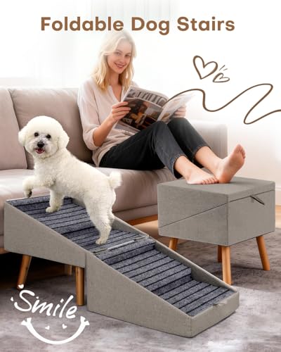 Image of Dog Ramp for Bed & Couch, Dog Stairs 21.06 inches High for Large /Medium /Small Doggie,Split Ottoman Foldable 2 in 1 Wooden Pet Steps for Older and Injured Dogs, No-Slip Surface (17.13 inch H-Hemp Green)