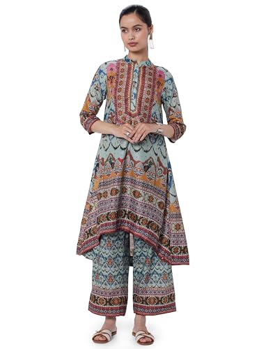 Image of BIBA Women Art Silk Floral Asymmetric Co-Ord Set Kurta Palazzo Suit Set