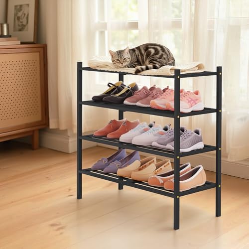 Image of Smiry Bamboo Shoe Rack, 5 Horizontal Slats, 4 Tier - 26.8 inch Wide, Black