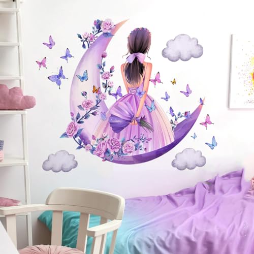 Vinilo decorativo para pared Purple Moon Girl flores mariposa miniatura 3