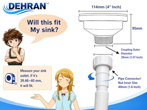 Image of DEHRAN Dual Sink PVC Waste Pipe, 40mm Nut Connector, 750mm (2.5 Ft) Flexible Drain Connector for Kitchen Sink, Universal Fit for 2 Sink /Basins