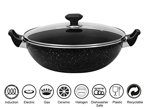Bartan 30cm Cooking Wok Karahi Kadhai with Glass lid and Spoon, 3-Ply Marble Non-Stick Coating, Aluminium, Suitable for Induction Cookers/Stoves, Cool-Touch Bakelite Handle - Image 2