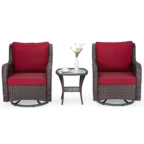 Garvee 3-Piece Outdoor Wicker Patio Bistro Set w/ 2 360-Degree Swivel Rocking Chairs and Tempered Glass Top Side Table, 360° Swivel Patio Set for Bac