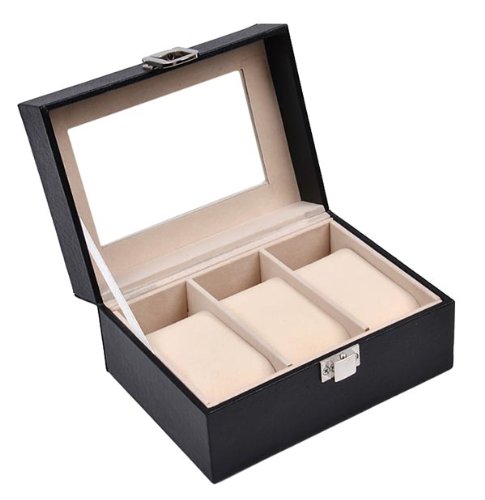 Sinoba Uhrenkoffer Uhrenbox Schaukasten Uhrenkasten Uhrenvitrine für 3 Uhren Leder-Look Echtglas-Fenster