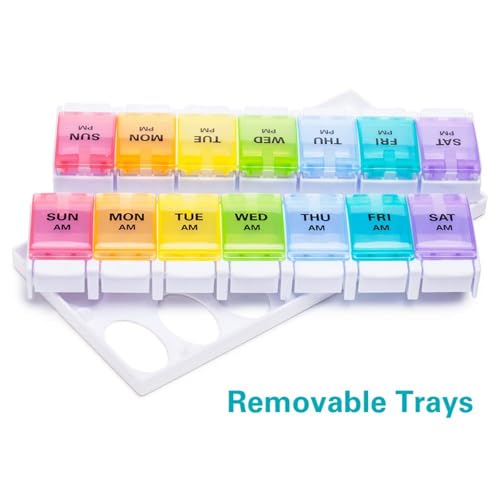 Image of Sukuos AM PM Weekly Pill Organizer 2 Times A Day 2pcs, 7 Day Pill Box with Easy Push Button, BPA Free Medicine Case Vitamin Holder for Fish Oil /Supplements (Rainbow)