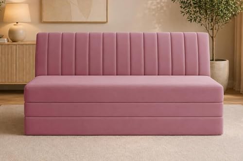 Image of Modern Velvet 3-Seater Sofa Cum Bed, Convertible Sleeper Couch Sofa for Living Room, Bedroom & Office - Rose Pink Color