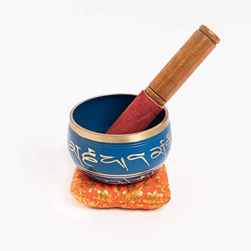 Satnam Tibetan Singing Bowl Set with Healing Mantra Engravings | Meditation Sound Bowl | Handcrafted in India Great for Meditation, Stress & Anxiety Relief & Chakra Healing (4 Inch, Blue)