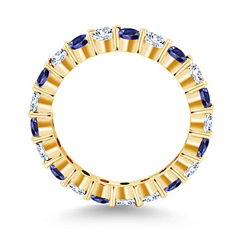 Gem Stone King 18K Yellow Gold Plated Silver Round Blue and White Created Sapphire Eternity Band Ring For Women | 2.70 Cttw | Gemstone Birthstone | Available In Size 5, 6, 7, 8, 93