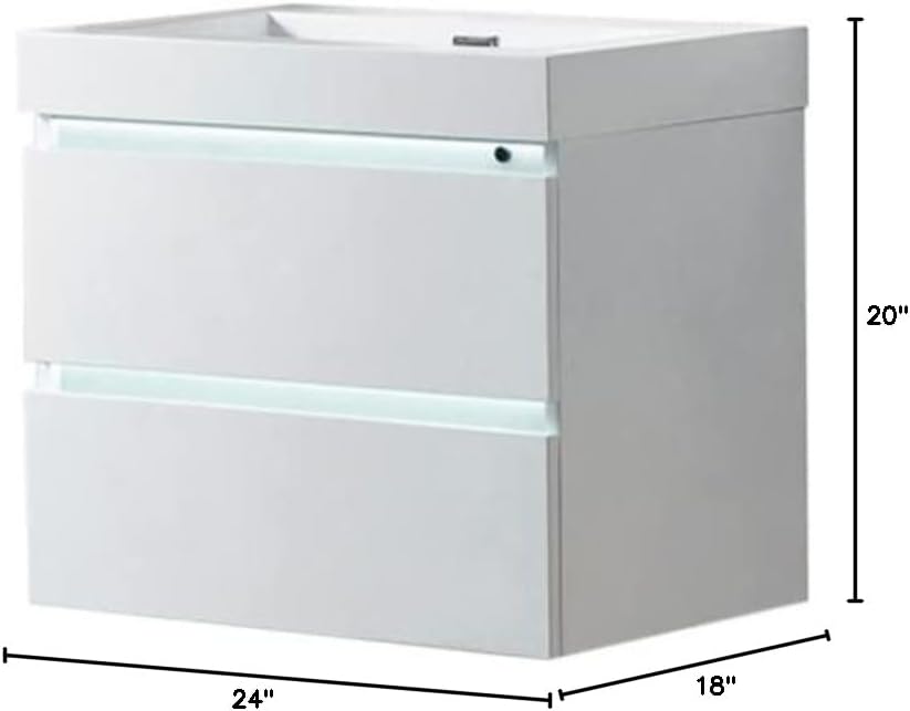 Dimensions of the Vanity Art 24-inch wall mounted vanity: 24 inches wide, 18 inches deep, 20 inches high.