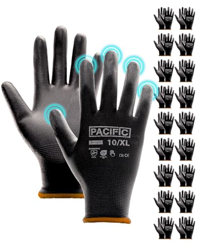 PACIFIC PPE Rękawice robocze z powłoką PU, 18 par, rękawice robocze dla mężczyzn i kobiet, rękawice dla mechaników, lekkie, czarne, bardzo duże