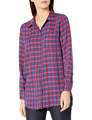 Amazon Brand - Goodthreads Women's Modal Twill Long-Sleeve Oversized Boyfriend Shirt, Blue/Red Plaid, Large
