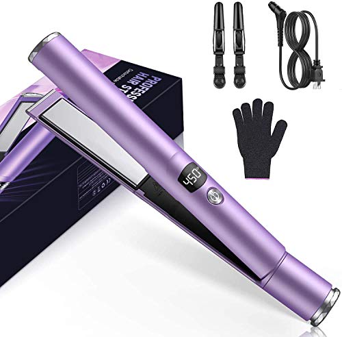 Hair Straightener Maybeau 1 Inch Ceramic Flat Iron 2 IN 1 Straightener & Curler with 3D Floating Plates, Digital LCD Display, Instant Heating Up, Incl Glove, Pouch and Hair Clips