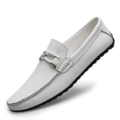 Driving Loafer for Men Boat Moccasins Slip On Style OX Leather Classic Embossed Texture(Conventional Optional)(White,10 M US)3