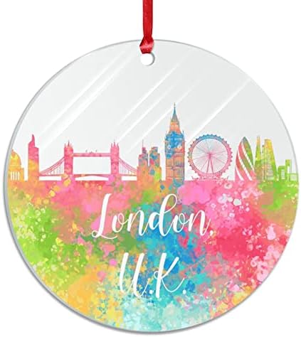 Evans1nism London Skyline UnitedKingdom Acrylic Christmas Ornament Colorful Landscape Christmas Round Ornament Christmas Themed 3 Inch with Red String Christmas Tree Birthday Gifts for Friend