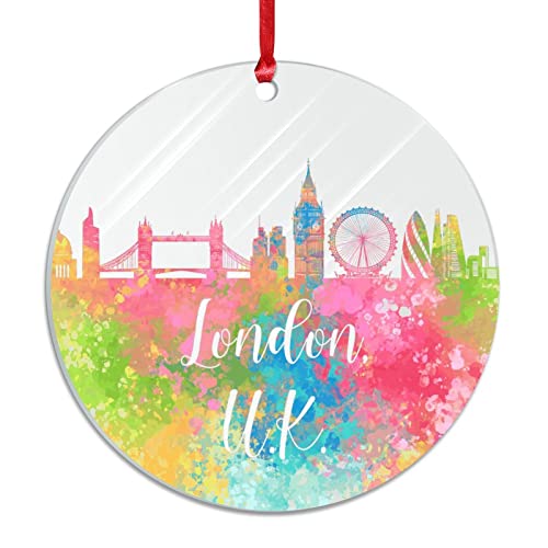 Evans1Nism London Skyline Unitedkingdom Acrylic Christmas Ornament Colorful Landscape Christmas Round Ornament Christmas Themed 3 Inch With Red String Christmas Tree Birthday Gifts For Friend #TOP2