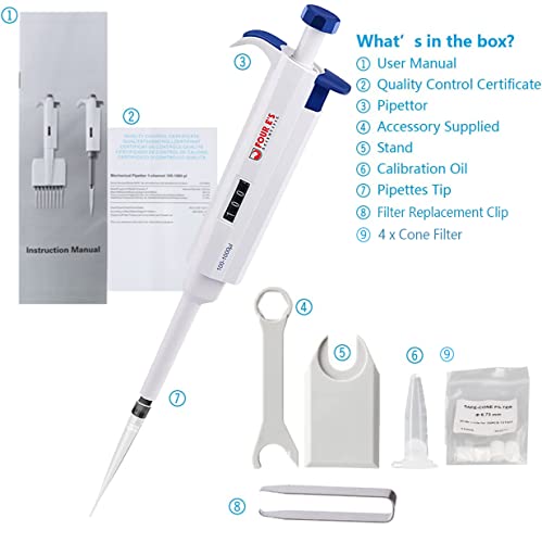 Four E's Scientific 100Ul-1000Ul High-Accurate Single-Channel Manual Adjustable Variable Volume Pipettes #TOP4