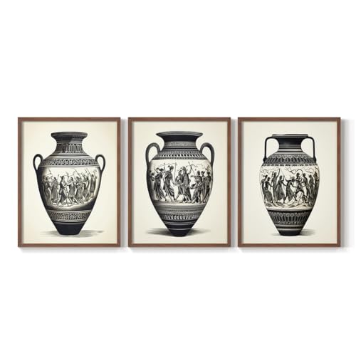 Renditions Gallery Set of 3 Peel & Stick Framed Prints, Classical Vessels Wall Art, The Amphora Greek Vase Wall Decor, Re-Stickable - Ready to Hang - 22"x28" - Walnut Frame LT597
