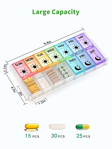 Image of Fullicon Quick Fill, Pill Organizer 2 Times a Day, Rainbow Clear | Each Compartment Holds 15 Fish Oils, 30 Vitamins, or 25 Capsules, Two Side Buckle Locks, Detachable Base, BPA Free Plastic