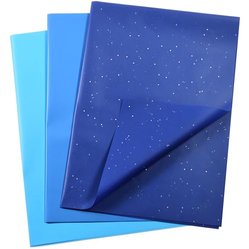 SUNCOLOR Blue Tissue Paper Set 36 Sheets Glitter and Solid 20 x 20 Inch 3 Assorted Shades for Gift Wrapping and Crafts
