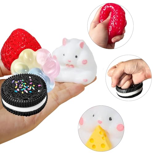 SSKHE Pack of 4 Taba Squishy Set, Strawberry + Hamster + Cat Paw + Hamster , Fufu Squishy Toy Squishes Set for Stress Relief, Sensory Play, Fidget Gifts