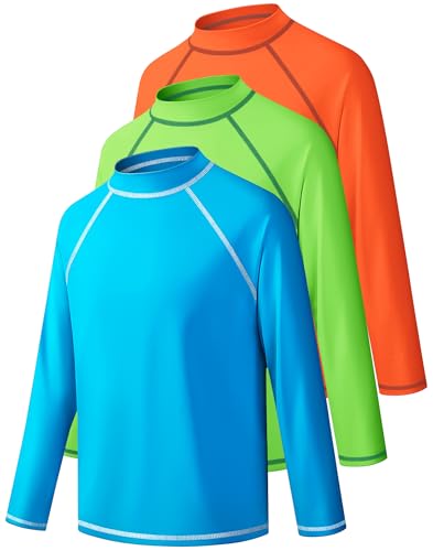 3 Pack Boys Rash Guard Swim Shirt Long Sleeve UPF 50+ Sun Protection Kids Youth SPF Water Beach Swimwear Tops Quick Dry(Orange/Sky Blue/Midgetgolf Green,7-8Y)
