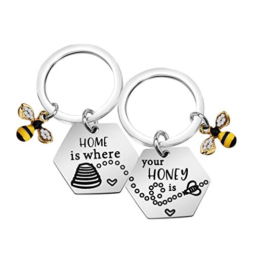 MAOFAED Matching Couples Keychains Honey Beehive Keychains Home is Where Your Honey Is Housewarming Couples Gift (Honey Bees Keychain)