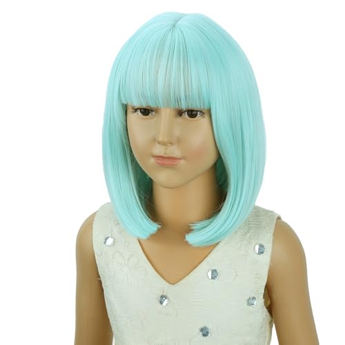 Image of PATTNIUM Mint Green Bob Wig for Kids Girls Short Light Green Straight Wig with Bangs Cosplay Party Synthetic Rose Net Daily Wear Wig