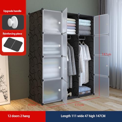 GarveeLife Kleiderschrank, DIY-Aufbewahrungsschrank für Hängende Kleidung, Aufbewahrung, für Kinder, mit 12 Würfeln, 2 Hängestangen, 111 x 47 x 147cm, Schwarz