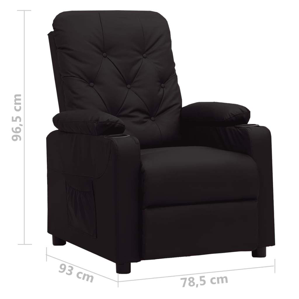 Fotel relaksacyjny czarny sztuczna skóra z ręczną funkcją leżenia, regulowany, z podłokietnikami, stabilna rama drewniana, ergonomiczny, do salonu, biura, kącika do czytania, wypoczynku i