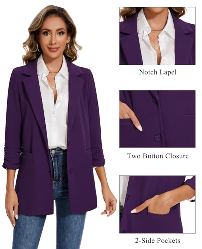 MINTLIMIT Women's Casual Long Blazer 3/4 Ruched Sleeve Lapel Button Front Work Office Blazers Suit Jacket with Pockets3