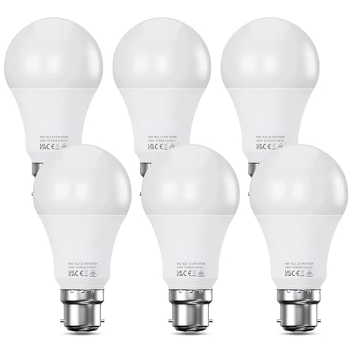 Bayonet Light Bulb 100W Equivalent, Energy Saving B22 LED Bulbs, Cool White 6500K, 13.5W 1520 Lumens Daylight Bulb, Non-Dimmable, Super Bright BC GLS Light Bulbs, 6-Pack