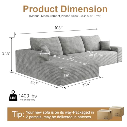 Image of 96 inch Sectional Couches for Living Room Cloud Couch Sofa with L-Shape Upholstered Boneless Couchs Modern Modular Sectional Couch with Chaise