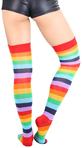 Image of ToBeInStyle Women's Bright Vibrant Rainbow Striped Thigh High Rave Stockings
